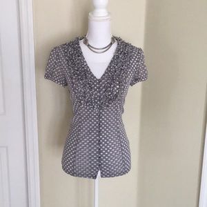 I-N-C Gray/White polka dot, ruffled blouse.